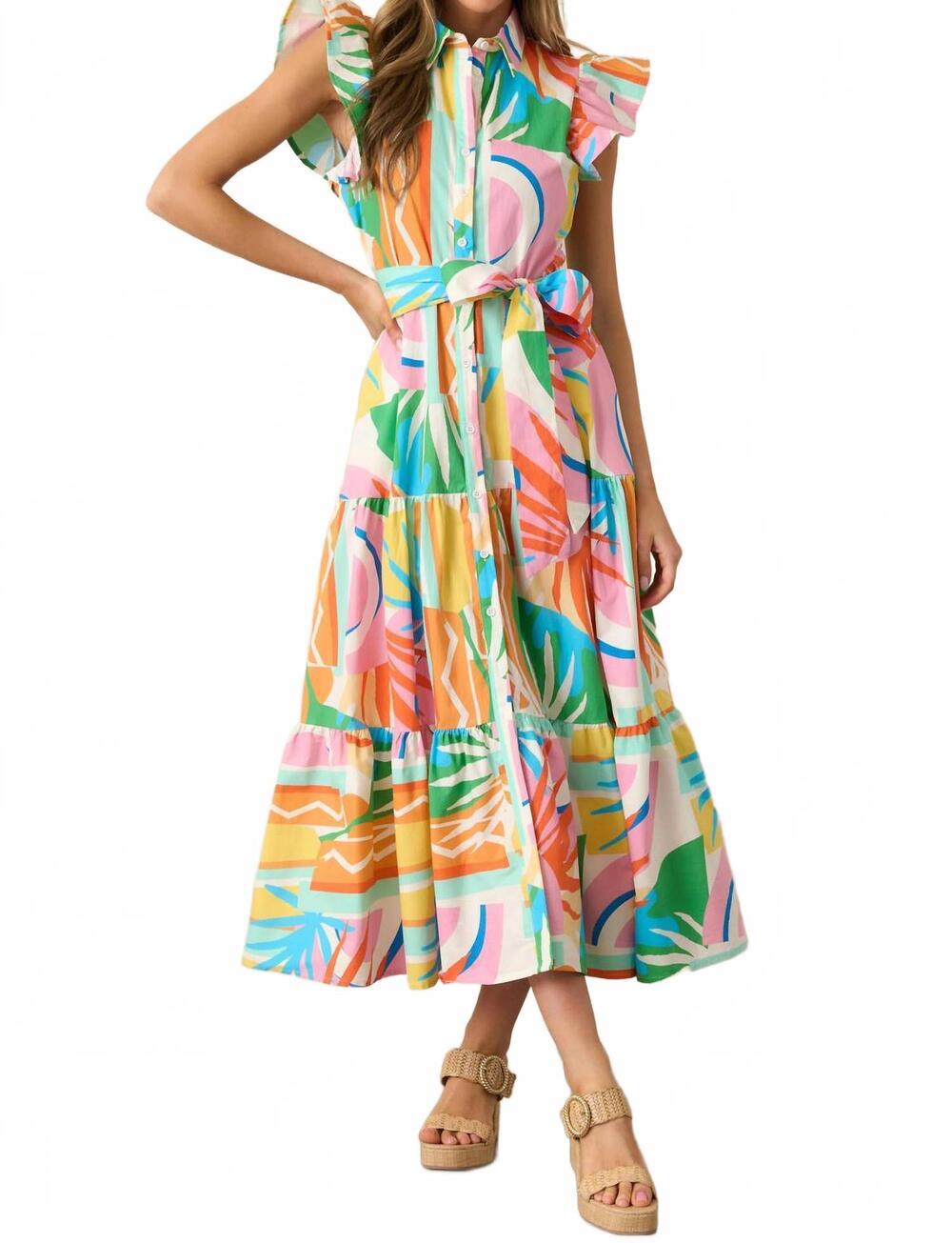 NEW FLYING TOMATO button front midi dress in multicolor
